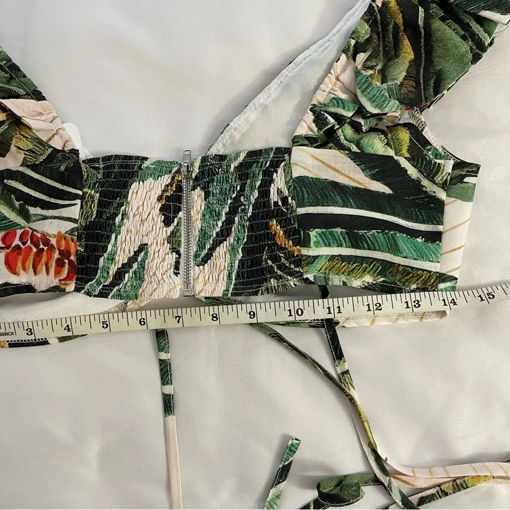 Green multi smocked back ruched crop top split thigh midi skirt set